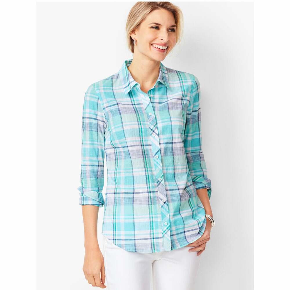 Talbots Classic Cotton Shirt - Sea Plaid Lightweight 3X